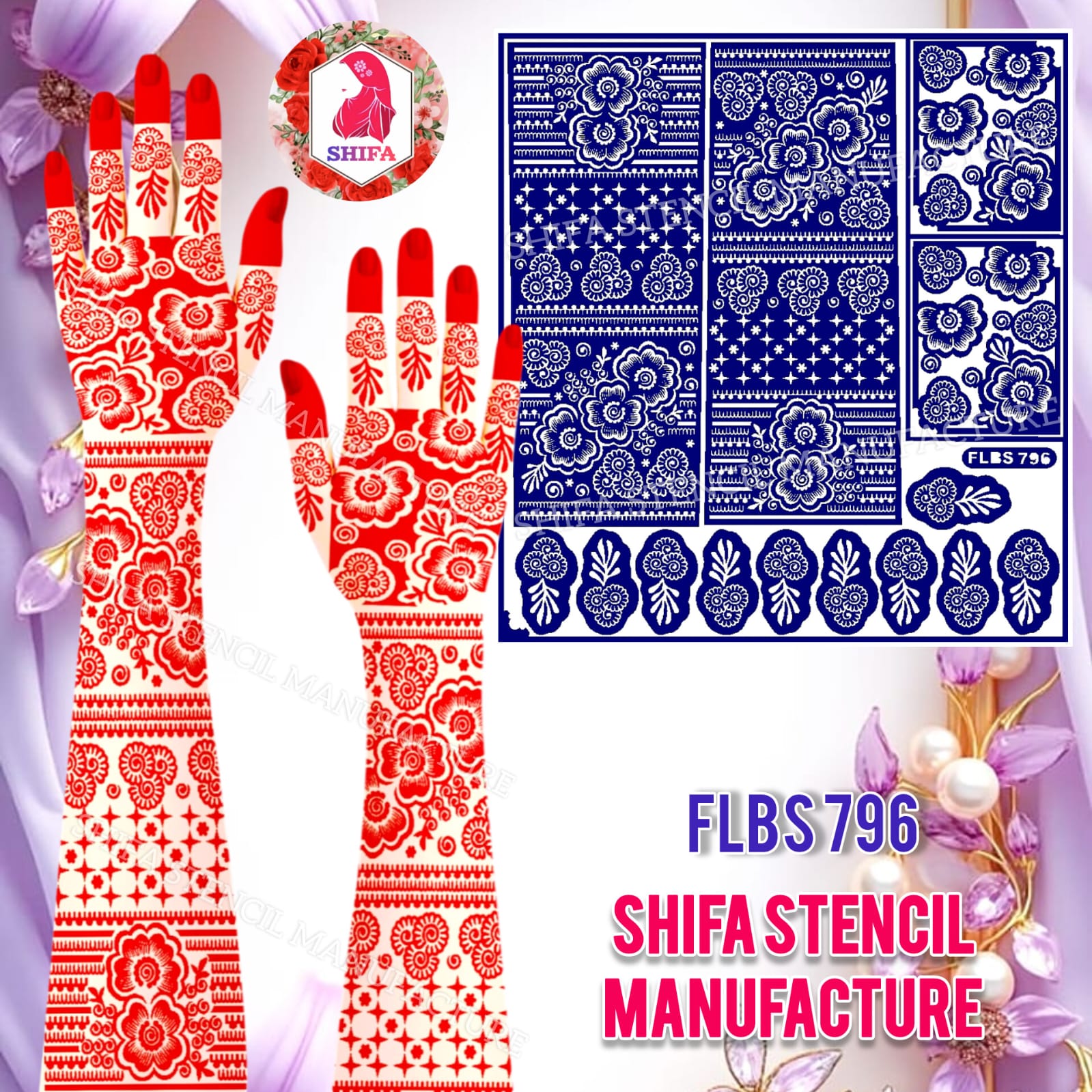 FLBS 796 Starlit Floral Glow Mehndi Sticker Overview Henna Stencil - Shifa Stencil